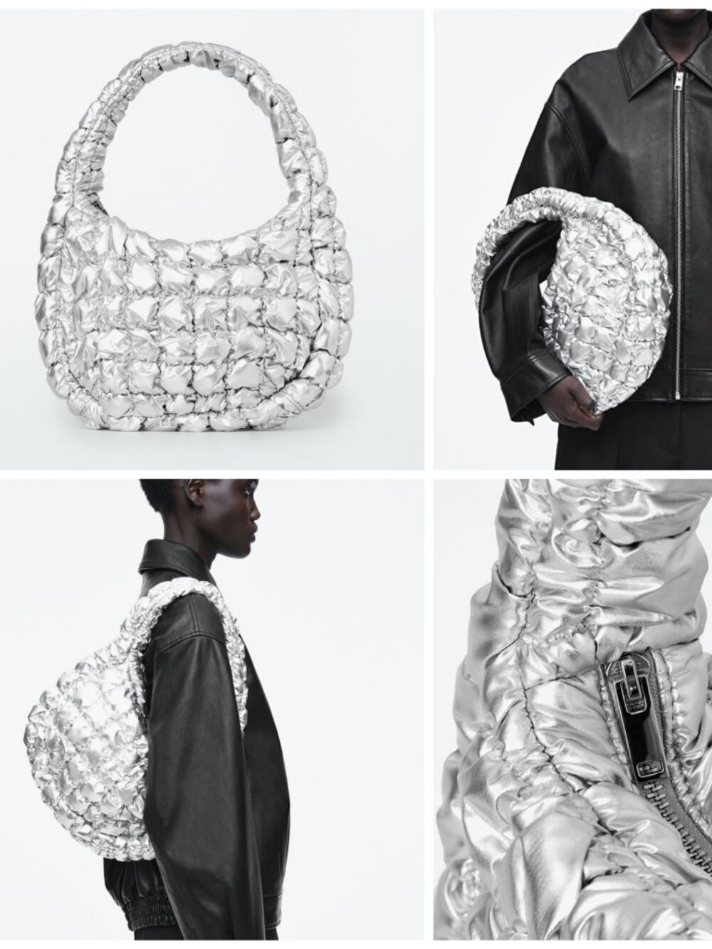 COS Quilted Mini Bag Metallic Silver Puffy Shoulder Bag